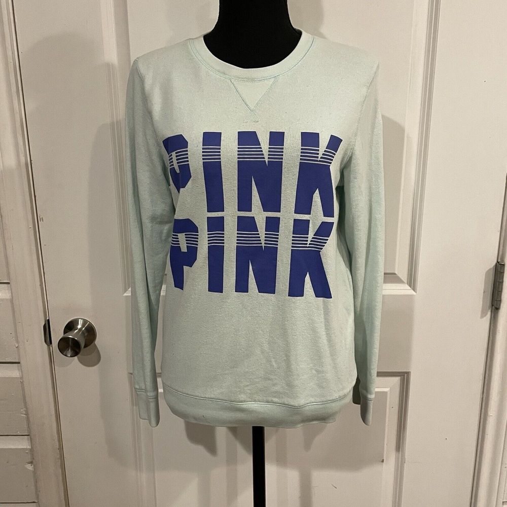 VICTORIA'S SECRET PINK AQUA‎ DARK BLUE CREW NECK BOYFRIEND SWEATSHIRT XS